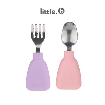 【美國 little.b】316不鏽鋼小寶石湯叉組II-小公主(紫+粉) 湯匙 叉子 學習餐具 手握訓練 兒童餐具