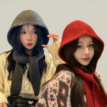 現貨-大頭圍帽子女拉法帽子女秋冬新款針織連帽圍脖一體保暖護耳毛線帽#6