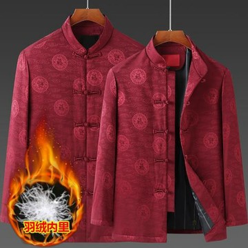 中國風唐裝男秋冬新款中老年情侶羽絨服中式爺爺奶奶過壽生日套裝