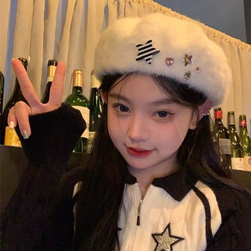 免運🔮韆禧甜妹~ 設計款Y2K星星貝雷帽女秋冬季小衆白色毛絨大頭圍帽子 八角帽 畫家帽 淑女帽 貝蕾帽 南瓜帽 報童帽