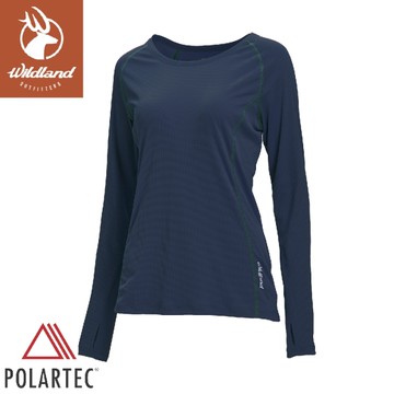 【Wildland 荒野 女 Polartec pd格狀抗臭圓領長袖衣《暮霧藍》】P1621/排汗衣/戶外運動機能上衣/運動衫