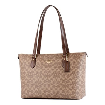 COACH 緹花LOGO防刮後拉鍊置物托特包-棕褐