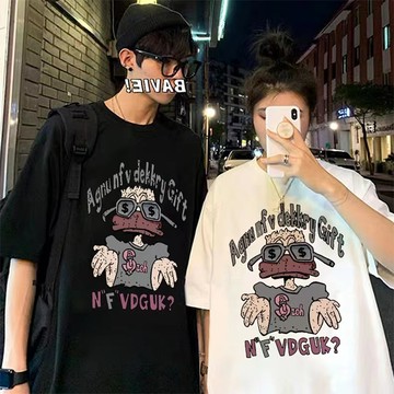 韓囯 韓版 純棉 印花t恤 男女情侶裝短袖 oversize 復古 卡通 情侶衣 短袖 圓領 上衣 夏季大學t