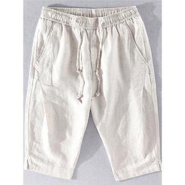 冰絲亞麻七分褲男夏季薄款休閑中褲寬松大碼過膝短褲棉麻闊腿褲子