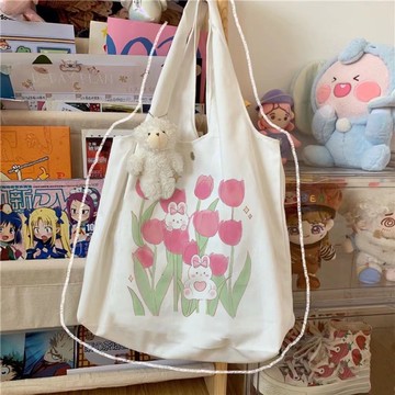 臺灣現/🎀帆布包 單肩包 手提包包包女日系原宿新款鬱金香學生上課大容量單肩帆布包百搭手提包