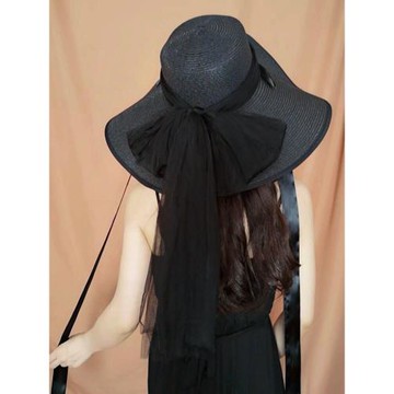 法式小眾復古暗黑系女夏黑紗黑帽子遮陽大帽檐草帽子綁帶系帶防風