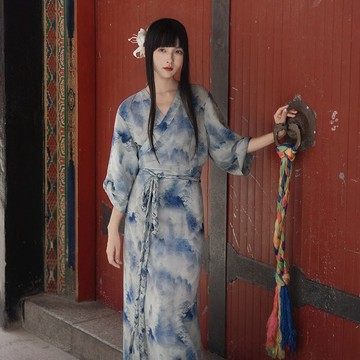 中國風山水連衣裙 / 藏式風長裙女裝 / 扭結編織腰帶長裙