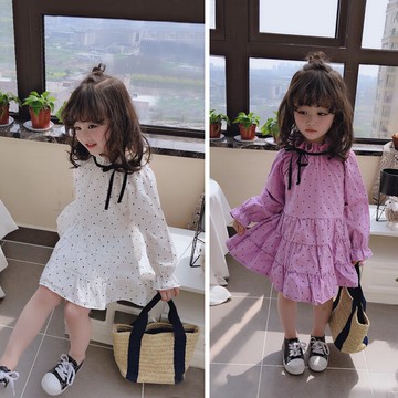 兒童春季新款 中小童圓點 女童寶寶甜美風木耳邊長袖連衣裙1入