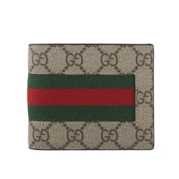 【GUCCI】Ophidia GG 塗層帆布綠紅對開8卡短夾(米色/烏木色)