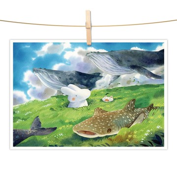 afu水彩插畫明信片 - 牧鯨之丘