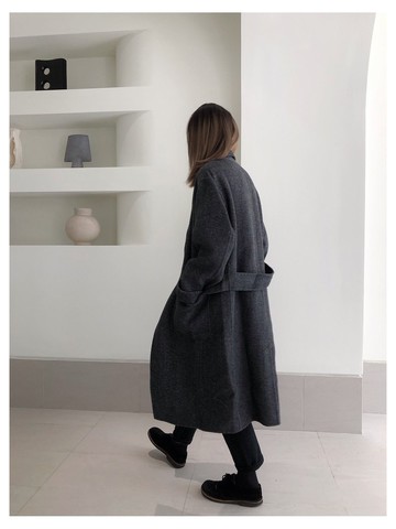 人字紋羊毛系帶寬鬆大衣 I Herringbone Belted Coat