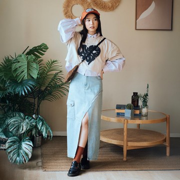 【ad-lib women】洗水牛仔開衩長裙 - 藍色//黑色 (DS026)