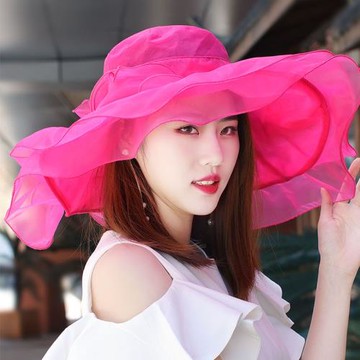 帽子女韓版加大帽沿花朵歐根紗遮陽防曬度假沙灘帽涼帽荷葉太陽帽