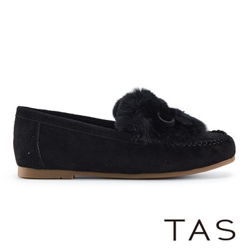 TAS 質感真毛造型蝴蝶結樂福平底鞋 黑色 #45588