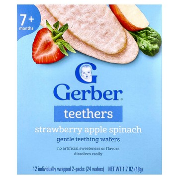 Gerber, 牙膠，溫和磨牙餅乾，7 個月以上，草莓蘋果菠菜味，12 個獨立包裝，2 包，每包 0.14 盎司（4 克）