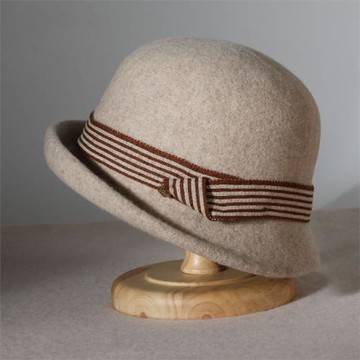 秋冬季新款羊毛呢卷邊漁夫帽子女時尚百搭氣質優雅條紋禮帽氈帽潮