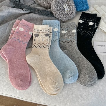 羊毛襪子女秋冬復古費爾島中筒襪卡通可愛小狗堆堆襪加厚保暖長襪