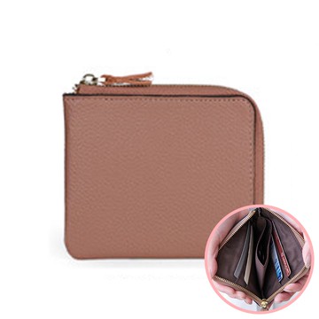 日本 LIZDAYS - 真皮迷你超輕巧拉鍊短夾-鮭魚粉 (11x9.5x1.5cm)