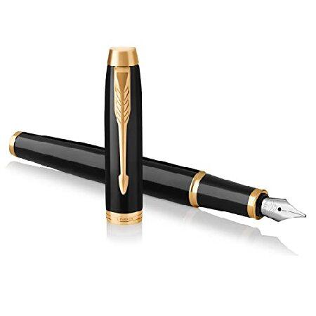 (Gift Box, Medium Nib, Black Lacquer Golden Trim) PARKER IM Fountain Pen, Black Lacquer Gold Finish Trim, Medium Nib with Blue Ink Refill (1931652)