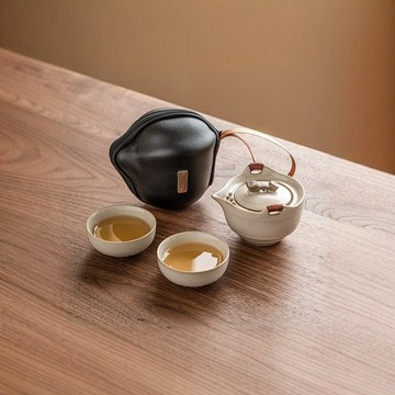 米黃汝窯旅行茶具套裝便攜式戶外露營陶瓷快客杯一壺二杯單人