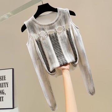 時尚鏤空設計感露肩圓領套頭修身短款撞色燙金麻花百搭針織毛衣女