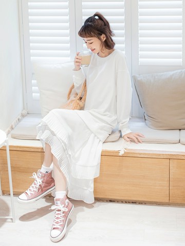 高含棉不規則百褶拼接蛋糕裙洋裝