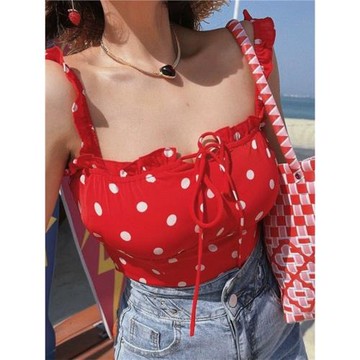 (免運)chenopod2024春夏美式復古紅色波點木耳邊蝴蝶結度假小吊帶背心