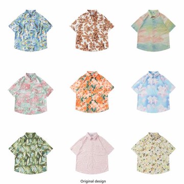 vintage油畫港風復古碎花襯衫男夏威夷度假寬松夏季情侶短袖襯衣