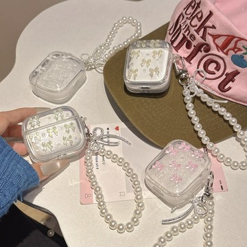 夢幻ins鐳射閃粉蝴蝶結 適用AirPods Pro2保護套 蘋果4代無線藍牙耳機殼 1/2代耳機套 3代保護殼 珍珠鏈