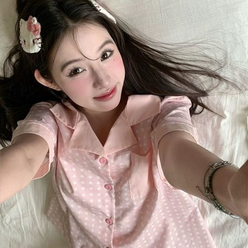 粉嫩 少女心 卡通 滿印小星星 韓系 ins甜美 睡衣 夏季 短袖 短褲 新款 套裝 家居服 開衫 睡衣