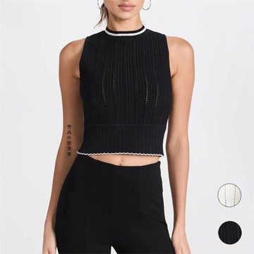 VB英國通勤簡約彈力修身鏤空波浪邊飾圓領女短上衣打底針織衫背心