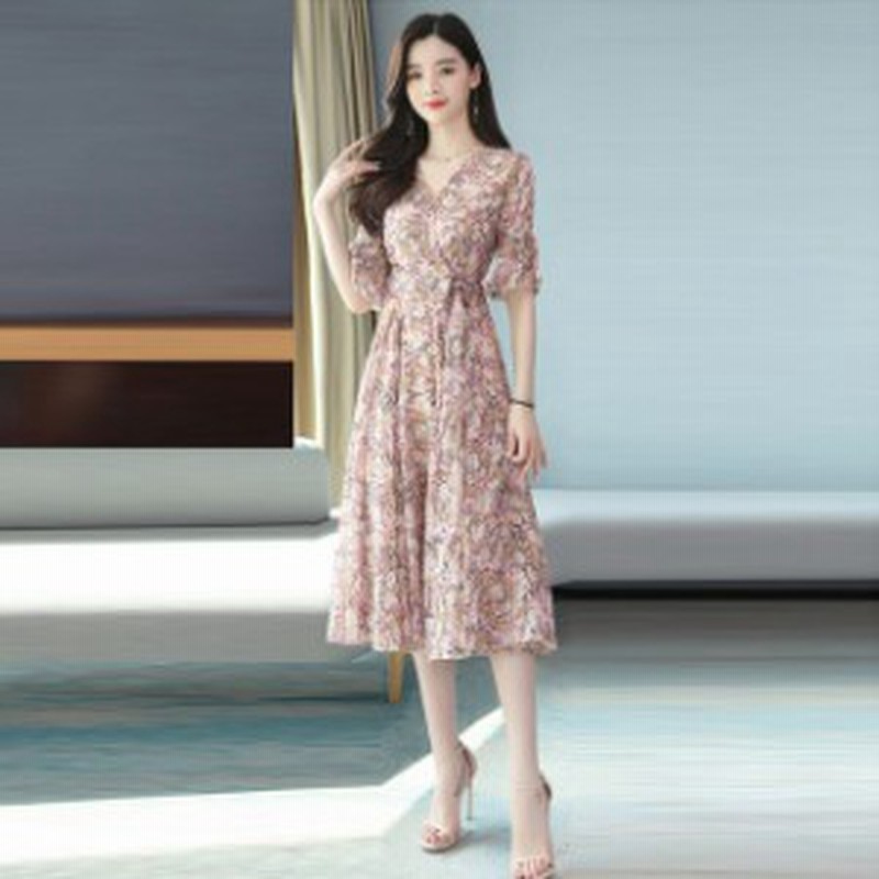 春秋ワンピース レディースワンピ 花柄ワンピース 花柄 シフォンワンピース ロング 膝下ワンピース ミモレ丈 お出かけ 結婚式 二次会 Vネ 通販 Lineポイント最大get Lineショッピング
