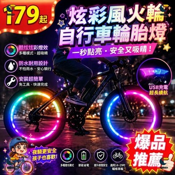 升級七彩充電風火輪 【Type-C充電插口 充電40分鐘可續航20小時】腳踏車警示燈 葉片燈 扁條燈 輪胎燈 自行車燈