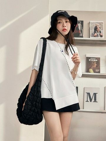 撞色車線不規則下擺寬鬆上衣