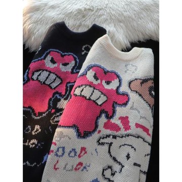 卡通蠟筆小新提花毛衣男女秋冬季寬松情侶上衣圓領情侶長袖針織衫