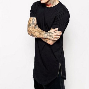 夏裝韓版新款中長款側拉鏈園擺半袖圓領T恤打底衫短袖歐美高街男