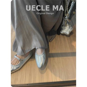 羊皮~法式單鞋女銀色2025新款真皮配裙子溫柔鞋平底褶皺瑪麗珍鞋