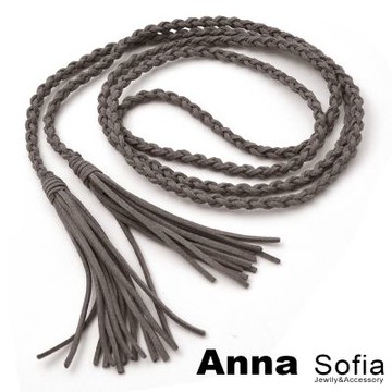 AnnaSofia 辮編麂帶流蘇墬 綁帶式細腰帶腰鍊(褐灰系)