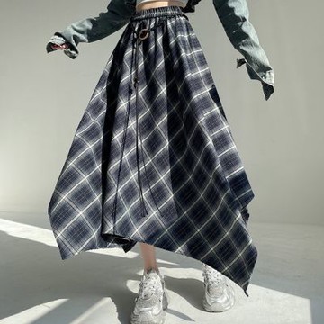 La Belleza韓版不規則格紋半身裙復古格子鬆緊腰顯瘦中長款格紋長裙