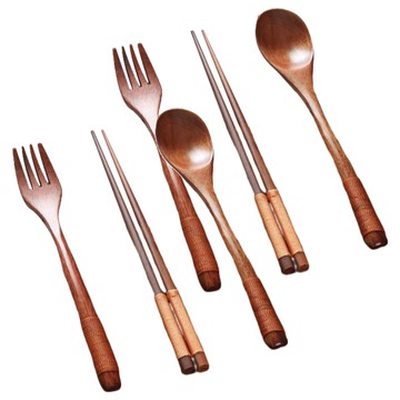 邸家本舖 原木餐具 三件組 體積輕巧 攜帶方便 自然實木 打磨圓潤 纏線裝飾 優雅純樸  筷子 + 勺子 + 叉子  木頭色  2組