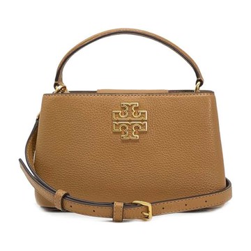 【TORY BURCH】雙T-LOGO素面皮革手提兩用包 -駝