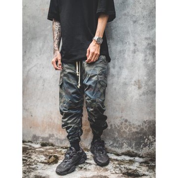 KANYE同款 高街椰子風橡筋彎刀八分褲迷彩工裝寬松束腳褲男休閑褲