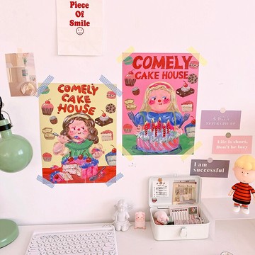 ins可愛涂鴉女孩海報復古風插花書桌背景墻面裝飾畫