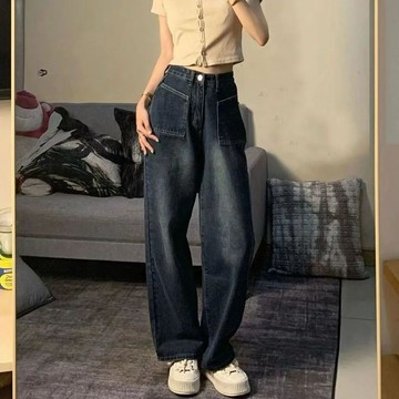 夏季韓版ins復古水洗牛仔褲女高腰寬鬆直筒百搭顯瘦闊腿拖地褲潮 美式復古牛仔褲 小個子直筒 寬鬆直筒褲 牛仔長褲 顯瘦