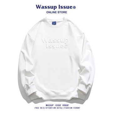 WASSUP ISSUE美式圓領鋼印衛衣男春秋季潮牌寬松休閑長袖外套男款