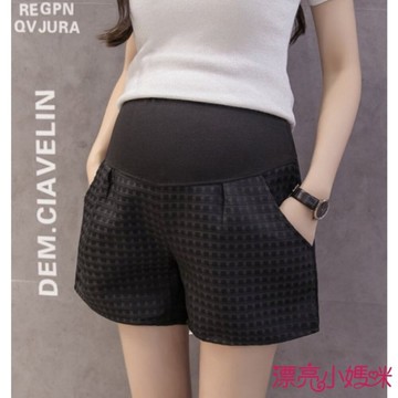 漂亮小媽咪 【P4926】 夏日 緹花 格紋 托腹褲 高腰托腹 孕婦裝 孕婦短褲托腹褲 韓系