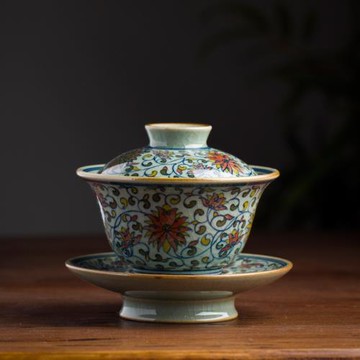 青花釉下彩純手繪纏枝寶相蓋碗景德鎮陶瓷全手工三才蓋碗泡茶碗