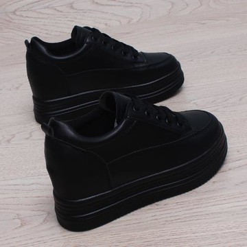 松糕厚底女單鞋2024春秋新款透氣休閑女鞋內增高7cm全黑工作鞋女