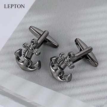 LEPTON法式襯衫長袖船錨袖扣商務正裝經典黑銀袖釘男士禮物袖扣