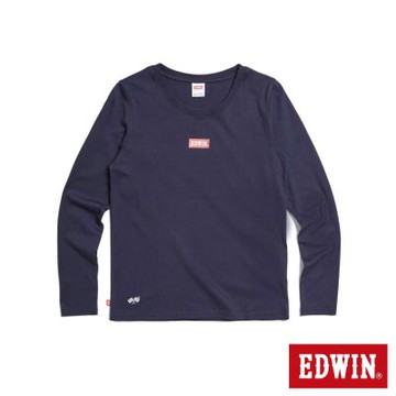 EDWIN 女裝 胸前基本印花長袖T恤-丈青色
